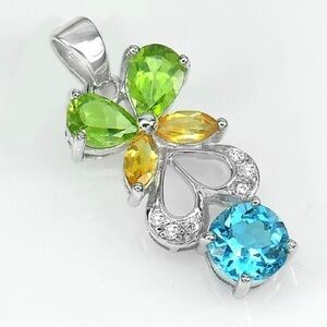 Natural Topaz Peridot and Citrine 925 Sterling Silver Pendant White Gold Plated